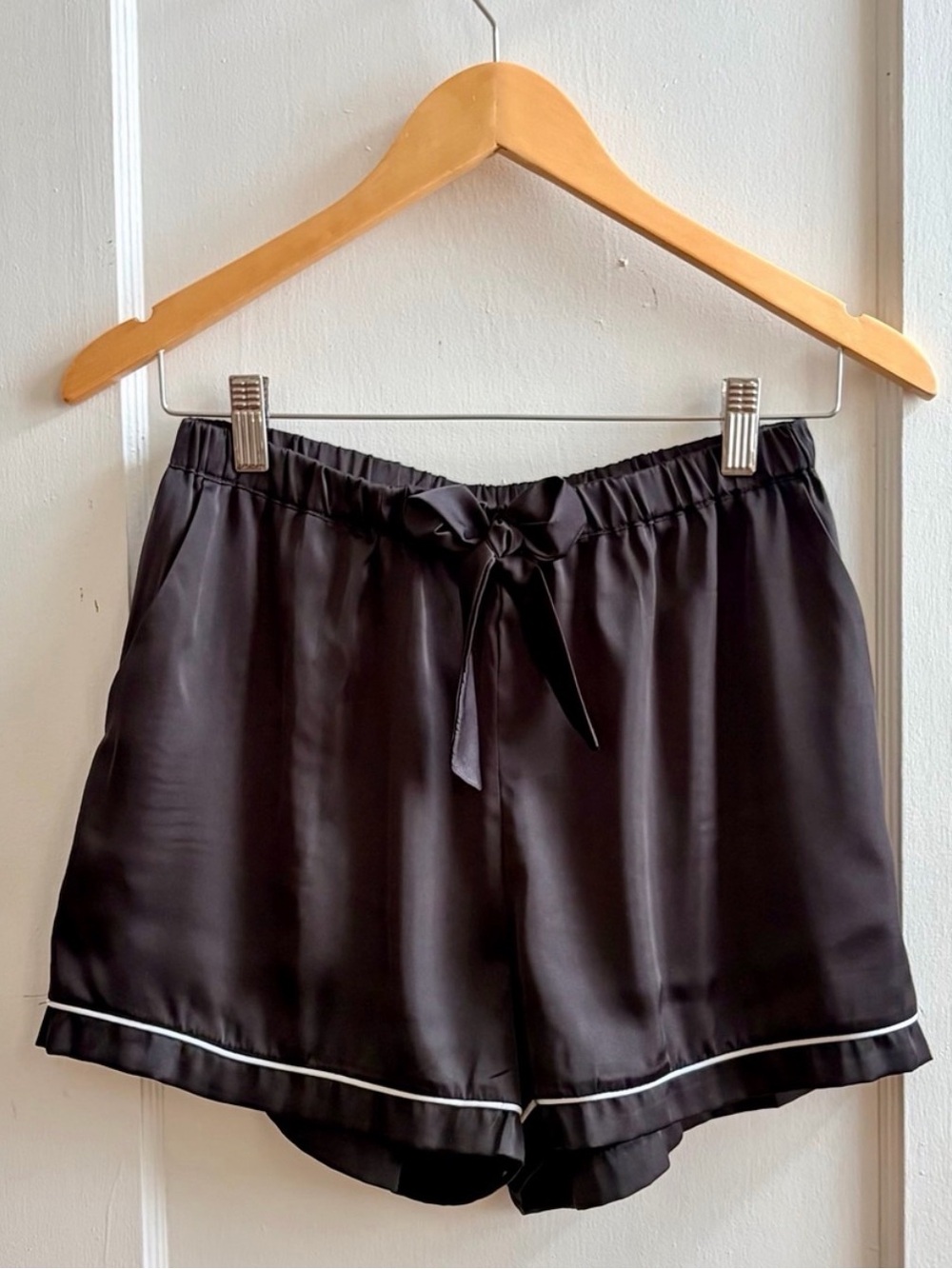 Black Satin Drawstring Sleep Shorts with White Piping